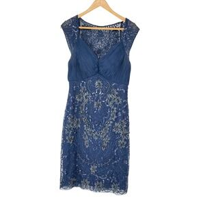 Vintage Sue Wong Nocturne Blue Gray Floral Beaded Sequined Size 8 Formal Party